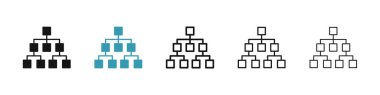 Grafik ağacı simgesi seti. Şirket takımı yapı ağacı vektör sembolü. Algoritma işareti. akış şeması simgesi siyah doldurulmuş ve ana hatlarıyla çizilmiş.