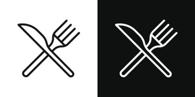 Utensils simgesi seti. kaşık, çatal ve bıçak restoranı yemek çatal bıçak takımı vektör sembolü. Yemek takımı resimli resmi siyah doldurulmuş ve ana hatlarıyla çizilmiş..