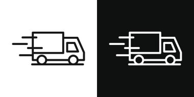 Hareket eden kamyon simgesi seti. dağıtım aracı vektör sembolü. hızlı nakliye hattı simgesi. Ücretsiz nakliye kamyonu piktogramı. Siyah doldurulmuş ve ana hatları çizilmiş nakliye kamyonu işareti.