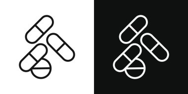 İlaç ikonu seti. Antibiyotik hapı ya da tablet vektör sembolü. Aspirin ilaç kapsülü işareti. Siyah doldurulmuş ve ana hatlarıyla belirtilmiş ilaç ikonu.