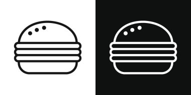Hamburger ikonu hazır. Çörek ekmeği burger vektör sembolü. Çizburger tabelası siyah doldurulmuş ve ana hatlarıyla çizilmiş..