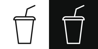 Simge seti. içecek vektör sembolü. Saman işaretli soğuk meyve suyu bardağı. İçecek ikonu siyah doldurulmuş ve ana hatlarıyla çizilmiş.