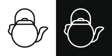 Kahve demliği ikonu seti. Çin çaydanlığı vektör sembolü. Siyah doldurulmuş ve özet biçimli çaydanlık simgesi.