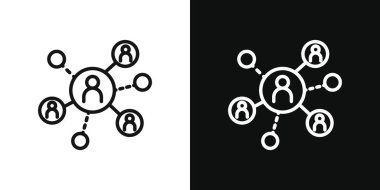 Grafik ağı simgesi ayarlandı. Sosyal medya vektör sembolü. İşbirliği ekibi imzası. Siyah doldurulmuş ve özetlenmiş küresel toplum simgesi.