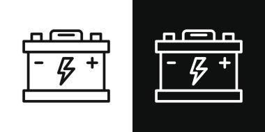 Araba aküsü ikonu hazır. Elektrik gücü lityum demir hücre vektör sembolü. Siyah doldurulmuş ve ana hatları çizilmiş endüstriyel elektrik kurşun pil işareti.