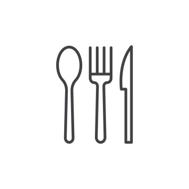 Utensils simgesi seti. kaşık, çatal ve bıçak restoranı yemek çatal bıçak takımı vektör sembolü. Yemek takımı resimli resmi siyah doldurulmuş ve ana hatlarıyla çizilmiş..
