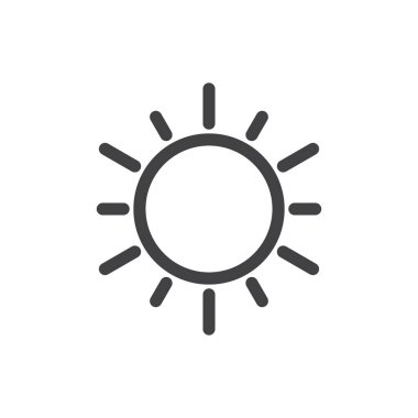 Güneş ikonu ayarlandı. Yaz güneşi vektör sembolü. Güneş ışığı işareti. Güneşli gün ikonu. Gün ışığı ya da güneş ışığı simgesi siyah doldurulmuş ve özetlenmiş biçimdedir.