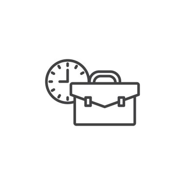 Ofis zaman simgesi ayarlandı. İşçi tabelası. Çalışma saatleri vektör sembolü. Rutin iş planı işareti. Siyah dolgulu ve özet biçimli iş çantası..