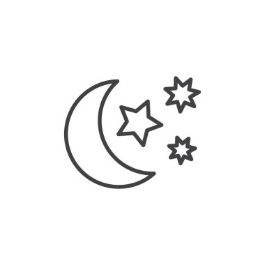 Ay yıldızları simgesi ayarlandı. Yıldızların vektör sembollü gece ayı. Yarım ramazan simgesi doldurulmuş ve ana hatlarıyla çizilmiş..