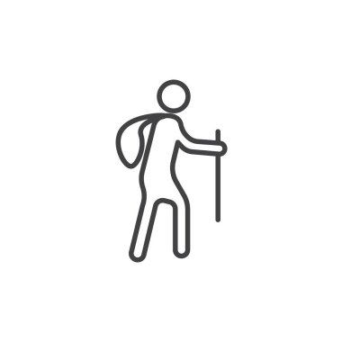 Yürüyüş ikonu hazır. Yürüyüş adamı vektör sembolü. Dağ yürüyüşü Pictogram 'ı siyah doldurulmuş ve özetlenmiş şekilde yürür.