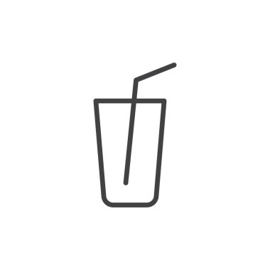 Simge seti. içecek vektör sembolü. Saman işaretli soğuk meyve suyu bardağı. İçecek ikonu siyah doldurulmuş ve ana hatlarıyla çizilmiş.