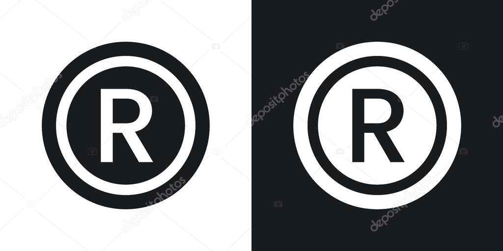 Registered icon set. R register vector symbol. copy right trademark registered R sign in black filled and outlined style.
