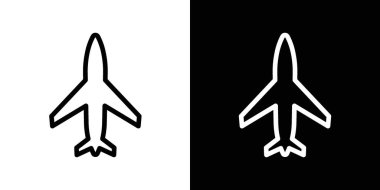 Uçak simgesi ayarlandı. Hava yolculuğu vektör sembolü. Uçak düzlüğü tabelası. Uçuş ikonu uçur. kargo jeti piktogramı siyah doldurulmuş ve ana hatlarıyla çizilmiş.
