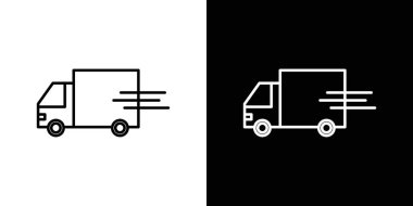 Hareket eden kamyon simgesi seti. dağıtım aracı vektör sembolü. hızlı nakliye hattı simgesi. Ücretsiz nakliye kamyonu piktogramı. Siyah doldurulmuş ve ana hatları çizilmiş nakliye kamyonu işareti.