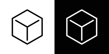 Küp simgesi seti. kare şeker 3d küp vektör sembolü. Siyah doldurulmuş ve özetlenmiş biçimdeki kutucuk işareti.