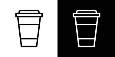 Kahve ikonu seti. Sıcak kahve, kağıt bardak vektör sembolü. Tek kullanımlık plastik kahve, doldurulmuş ve özetlenmiş cam resim..