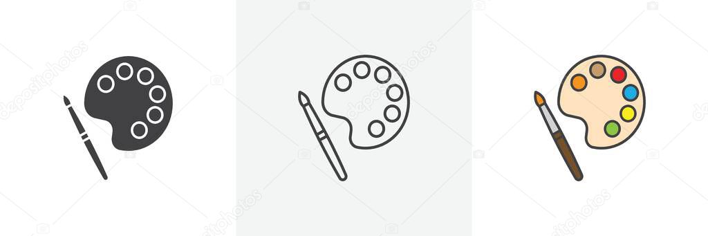 Palette icon set. artist paint palette tool vector symbol. painter watercolor pallette pictogram in black filled and outlined style.