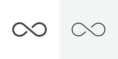 Sonsuz simge seti. Sonsuz döngü vektör sembolü. Sınırsız sayıda döngü işareti. Siyah doldurulmuş ve özetlenmiş biçimdeki sonsuz işlem simgesi.