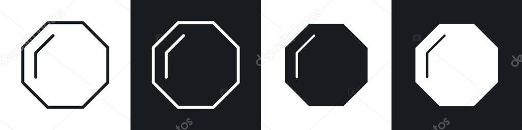 Octagon vector icon set in black and white filld and outlined style.