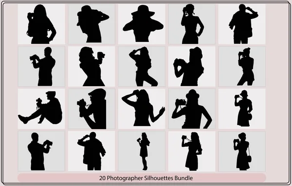 写真家のシルエット 写真家のシルエットコレクション シルエット男の写真を設定 立って膝の男の写真家のシルエットの現実的なイラスト — ストックベクタ