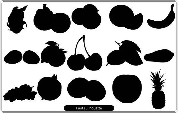 Frutta Silhouette Set Silhouette Nera Vari Frutti Uno Sfondo Bianco — Vettoriale Stock