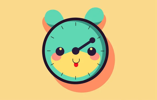 かわいい時計のロゴベクトルイラストフラットデザイン かわいい笑顔幸せな目覚まし時計 時計イラスト白い背景に隔離された青い壁の時計のフラットデザイン — ストックベクタ
