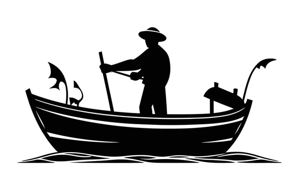 River Fishing Boat Fisherman Fiskare Båt Siluett Fiskare Båt Ikon — Stock vektor