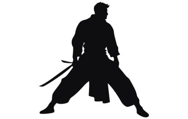 Kimono 'da karate dövüşçüsü, aikido vektör silueti, iyi bilinen dövüş sanatları, askeri tatbikat.