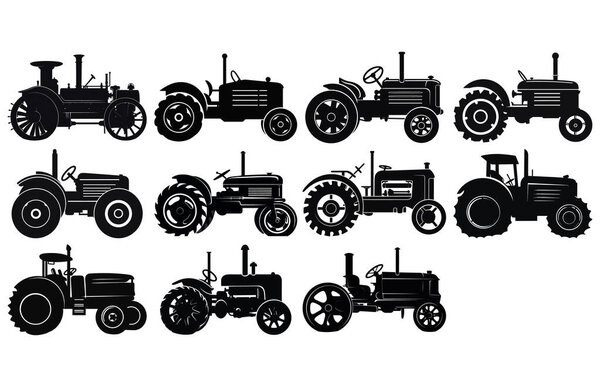 Силуэт трактора Steampunk, векторный силуэт трактора, силуэты трактора современные и антикварные,