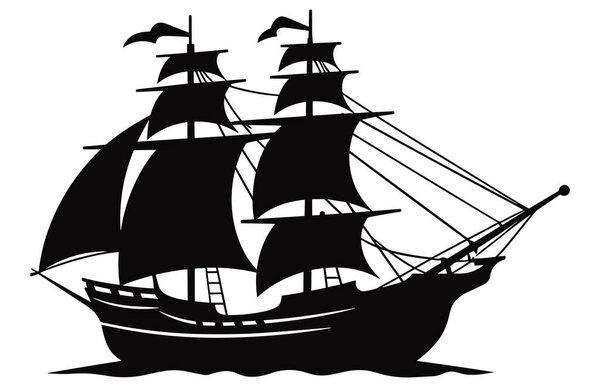 Силуэт пиратского корабля, пиратских лодок и старых деревянных кораблей с развевающимися флагами