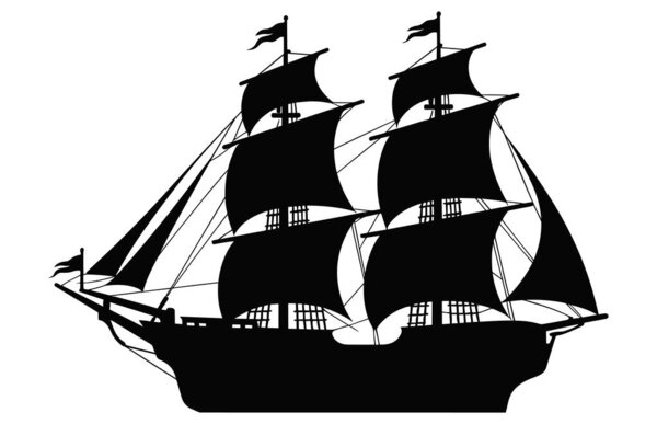 Силуэт пиратского корабля, пиратских лодок и старых деревянных кораблей с развевающимися флагами