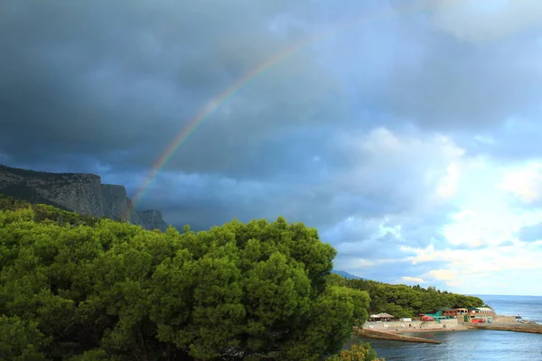 rainbow in the coniferous park against the background of the mountains after a summer rain with bloated clouds