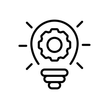 Light bulb with gear icon. Lighting, setting, positive, electricity, electric, shine, wiring, glow. Thinking, creative idea, creativity, solution, strategy. Technology concept. Vector black line icon