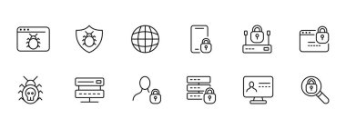 Protect set icon. Shield with spider, Cyber security, your computer. antivirus, website, network security, hacker, lock, password, defender, protecting. Privacy protection concept. Vector line icon