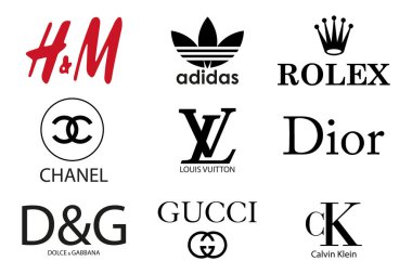 Giyim firmaları. Dolche Gabanna, Calvin Klein, Dior, Adidas, Chanel, HandM, Rolex, Louis Vuotton