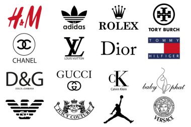 Giyim firmaları. Dolche Gabanna, Tory Burch, Tommy Hilfiger, Versache, Baby Phat, Calvin Klein, Dior, Joicy Couture, GA, Adidas, Chanel, HandM, Rolex, Louis Vuitton, GUCCI. İzole edilmiş marka logosu