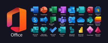 Microsoft Office 365: Excel, PowerPoint, Publisher, Sway, Outlook, SharePoint, Access, Exchange, Word, Srore, Planner, Streams, Forms, Yammer, OneDrive, Teams, Skype, OneNote, Yammer, etc. Editorial