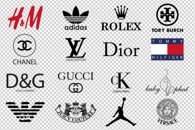 Clothing firms. Dolche Gabanna, Tory Burch, Tommy Hilfiger, Versache, Baby Phat, Calvin Klein, Dior, Joicy Couture, GA, Adidas, Chanel, HandM, Rolex, Louis Vuitton, GUCCI. Vector brand logo