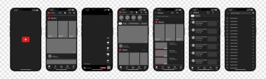YouTube interface in Iphone. You Tube screen social media, social network interface template. Homepage, youtube, recommendations, subscription, profile. Template of iphone 14. Editorial