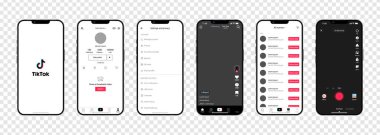 Tik Tok arayüzü. Tik Tok ekran sosyal medya, sosyal ağ arayüzü şablonu. Ana sayfa, yükleme, tavsiyeler, abonelik, profil. Akım, hikayeler, sevilen, ekran görüntüsü. Editör illüstrasyonu