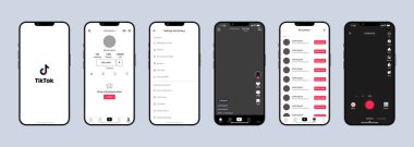 Tik Tok arayüzü. Tik Tok ekran sosyal medya, sosyal ağ arayüzü şablonu. Ana sayfa, yükleme, tavsiyeler, abonelik, profil. Akım, hikayeler, sevilen, ekran görüntüsü. Editör illüstrasyonu