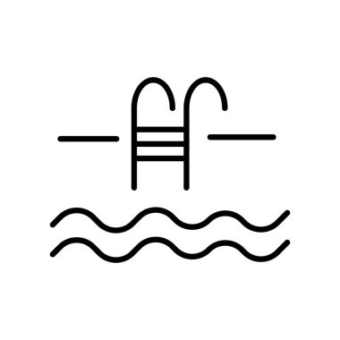 Swimming pool ladder line icon. Swim, water drops, swimmer, competition, recreation, sunbathing, rest, summer, hobby. Water concept. White background. Vector line icon for Business and Advertising.