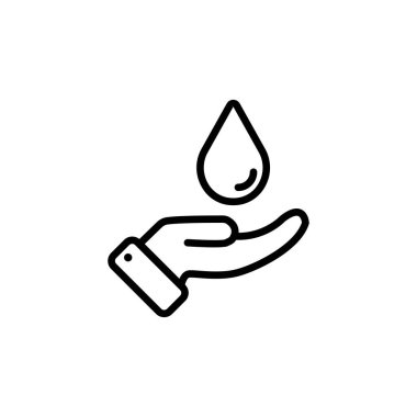 Hand with Drop line icon. Liquid, aqua, drinking, evaporation, man, thirst, drinking water. Save the water. Beverage concept. White background. Vector line icon for Business and Advertising