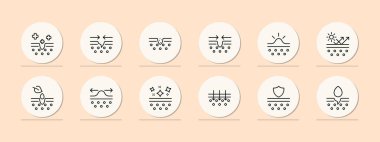 Skin healing icon set. Injury, disinfection, treatment, skin strengthening, skin care, sun protection. Skin care concept. Pastel color background. Vector line icon for business