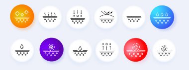 Skin protection set icon. Moisturizing, hand cream, mask for face, acne evaporation, ultraviolet, antiseptic, seasonal allergies. Scin care concept. Neomorphism style. Vector line icon for Business