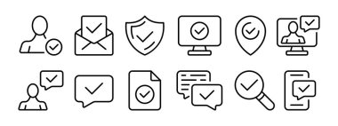 Check mark set icon. Clipboard, pointer, shield, medal, comment, review, checked, success, achievement, done, approved. Tick concept. Vector black set icon on a white background