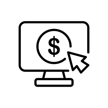 Computer monitor with dollar sign line icon. Financial management, coin, currency, digital documents, cursor, arrow. Business concept. Vector black line icon on a white background