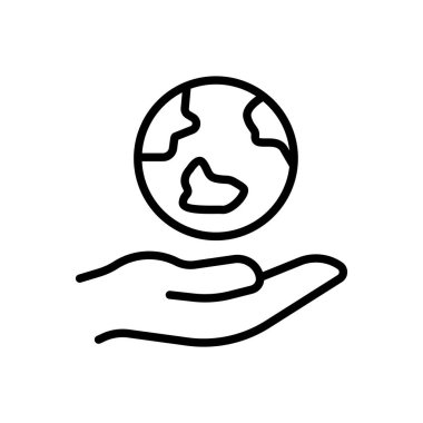Earth line icon. World in hand. Ecology, save the planet, green peace. Ecological cleanliness concept. Vector black line icon on a white background for Business and Advertising