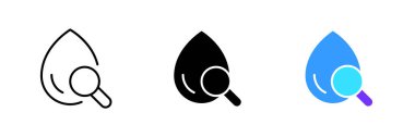 Waterdrop with magnifier. Pure water, research, quality analysis, drinking water, drink, balance, chemistry. Vector set icon in line, black and colorful styles isolated on white background