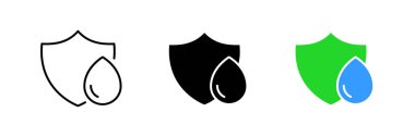 Waterdrop with a shield. Pure water, water quality protection, waterproof, rain, moisture proof. Vector set icon in line, black and colorful styles isolated on white background
